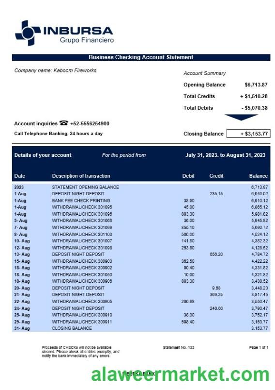 Inbursa Bank company checking account statement Word and PDF template